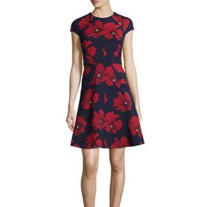 NWT Lela Rose Dress Cap Sleeve Poppy Floral Wedding Garden Navy Blue Red Luxury